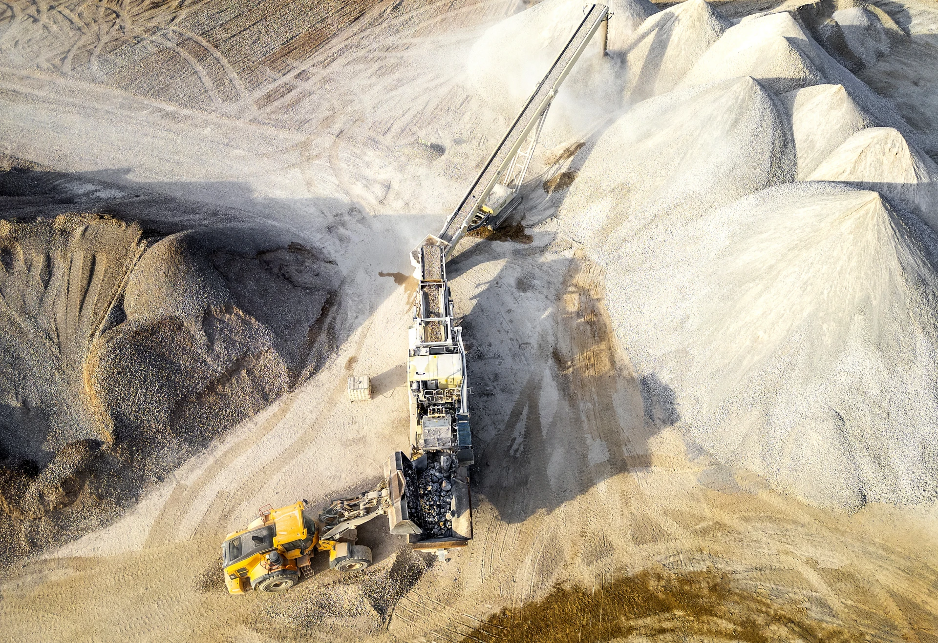 Aerial view of quarry operations and machinery